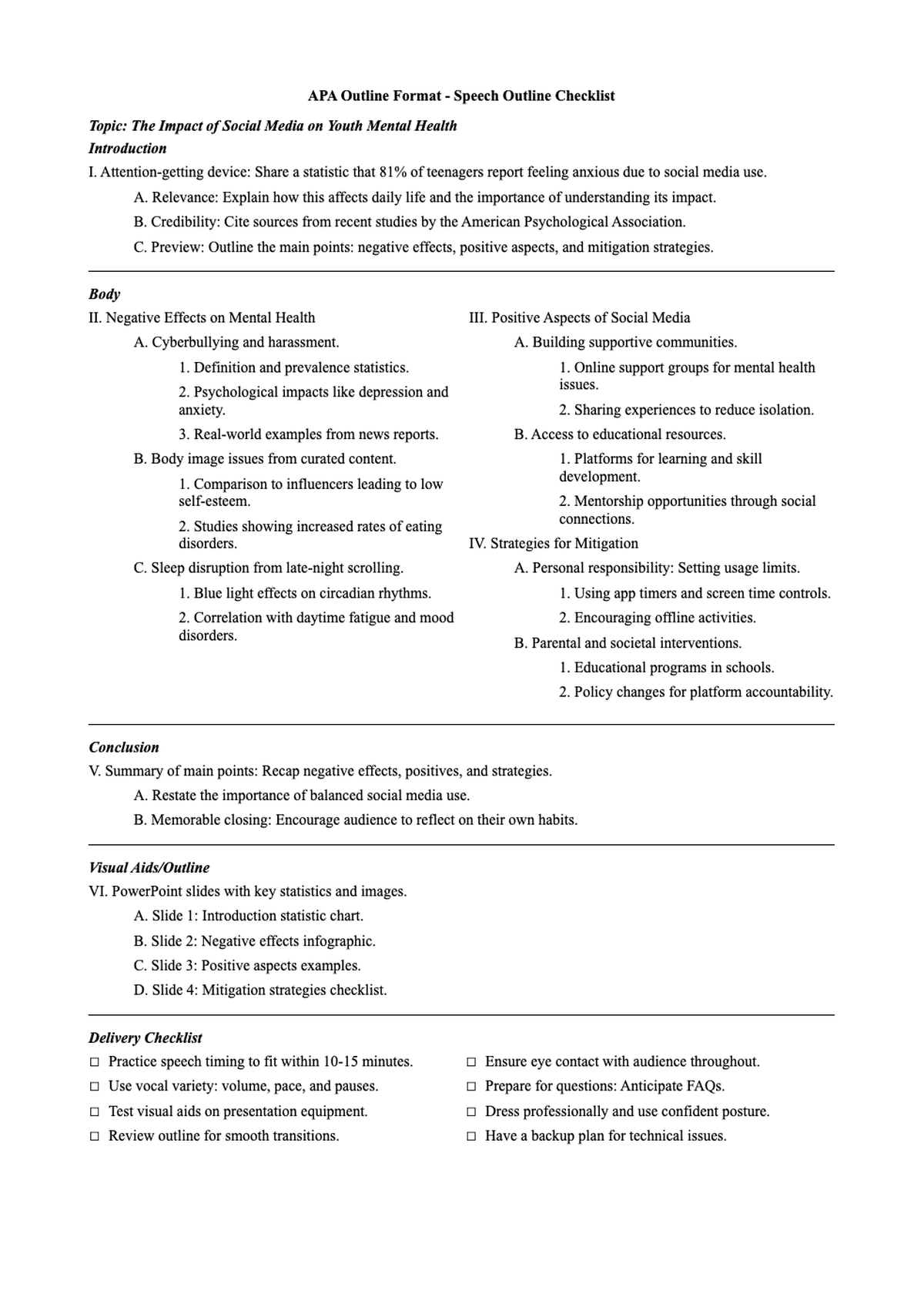 Speech outline checklist for CK Jones instructor with detailed sections and checkboxes_variant_2